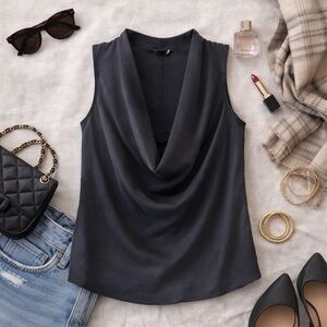 Theory Silk Black Drape Neck Sleeveless Blouse Shell Cowl Neck